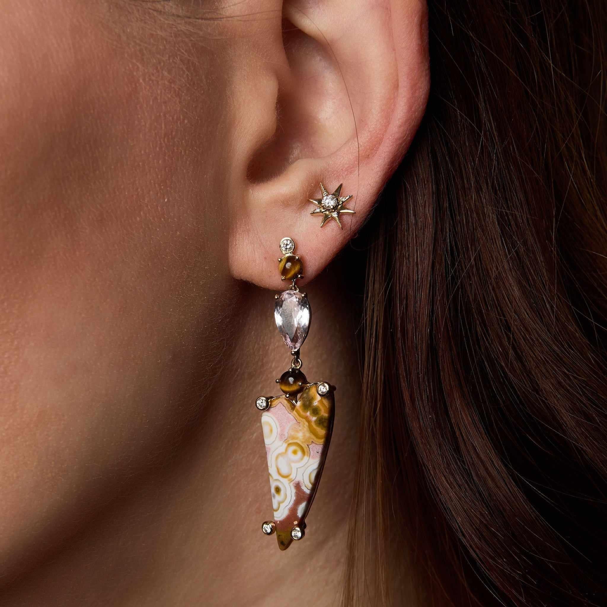 Ocean Jasper, Kunzite, Tigers Eye Diamond Earrings side view
