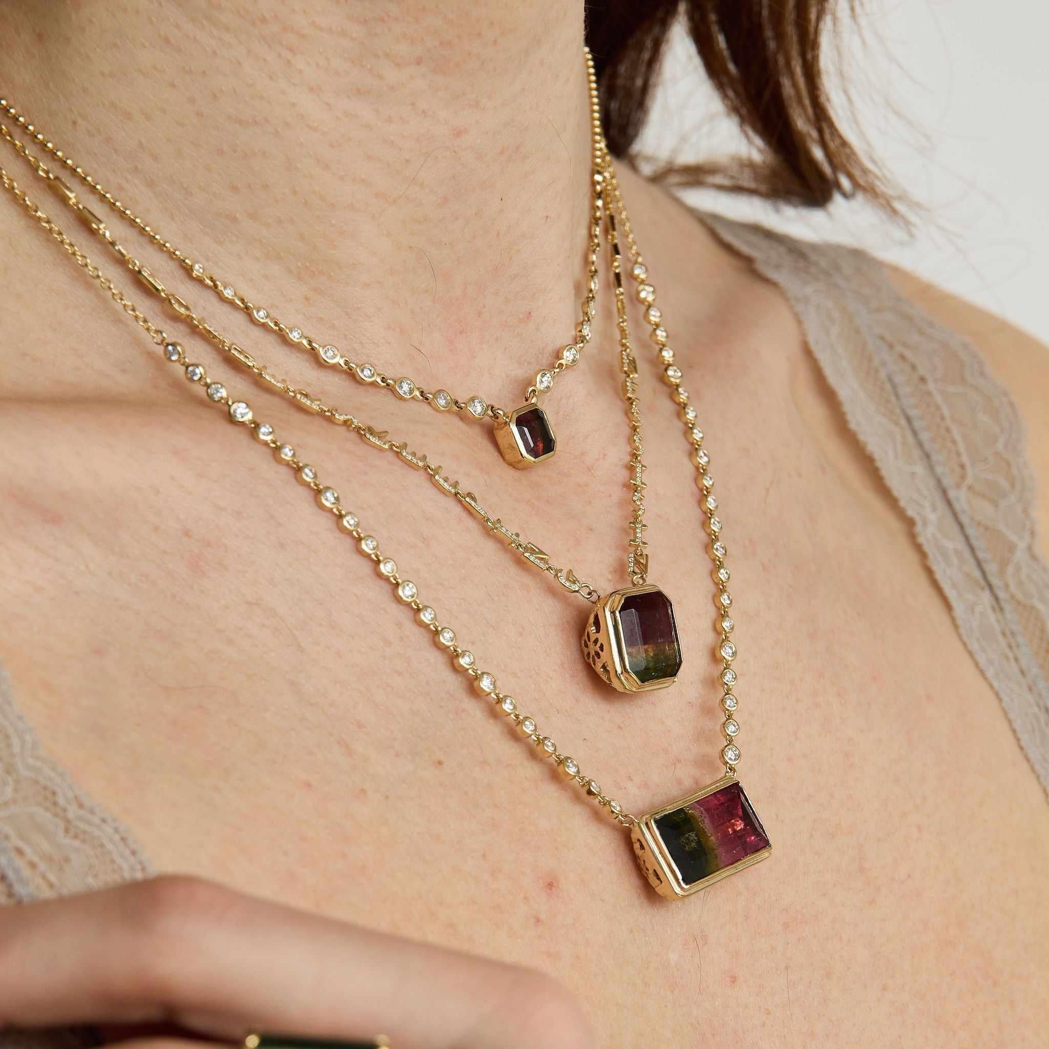 Tri color Tourmaline Tiny Letters Necklace side  view