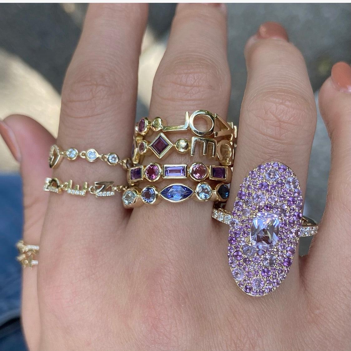 3 Initial Bezel Chain Ring & Tiny Hearts Ring- With Initial