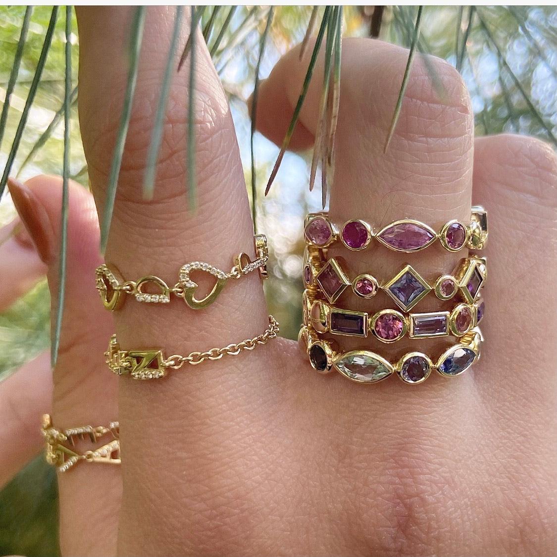 3 Initial Bezel Chain Ring & Tiny Hearts Ring- On Hand