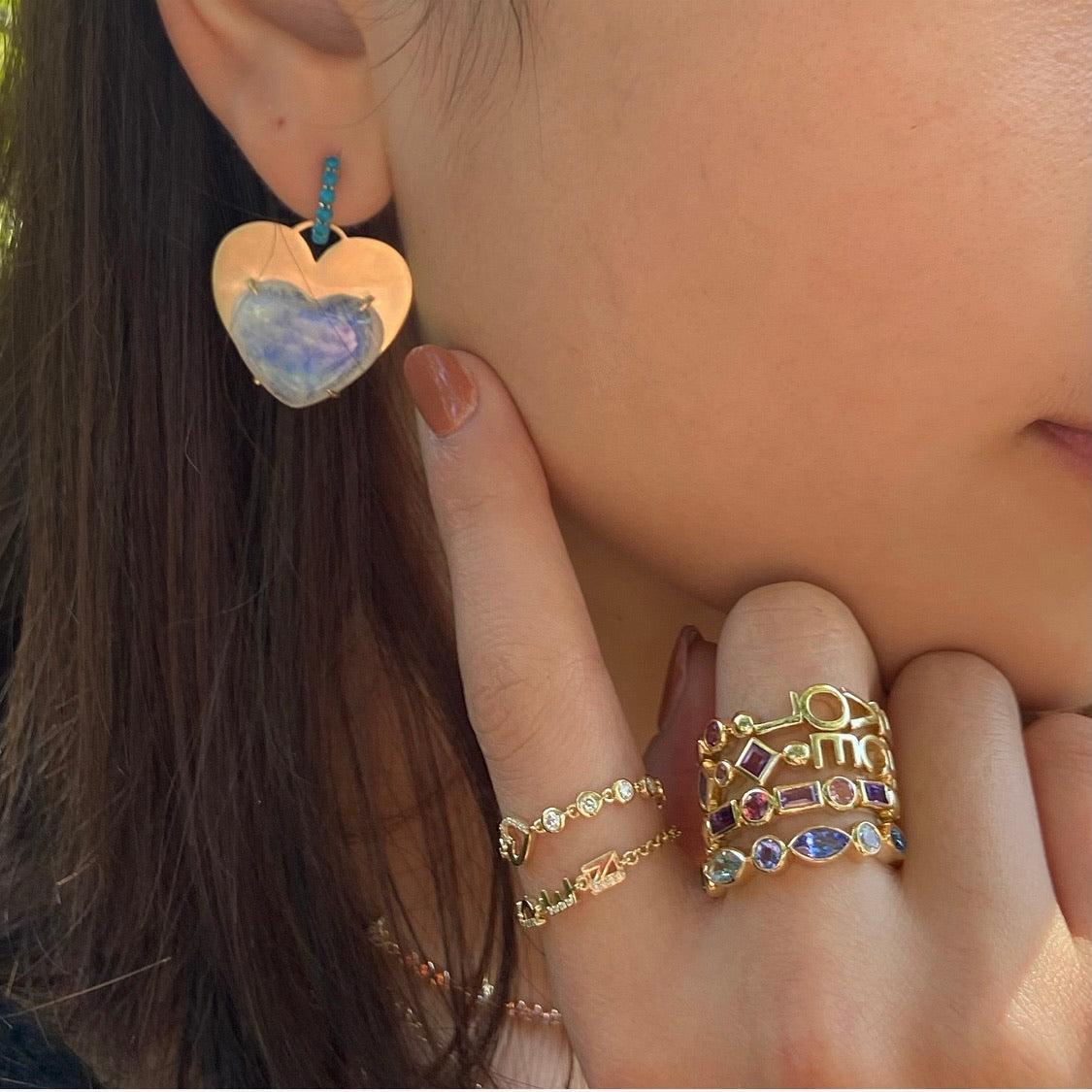 3 Initial Bezel Chain Ring & Tiny Hearts Ring- Lifestyle