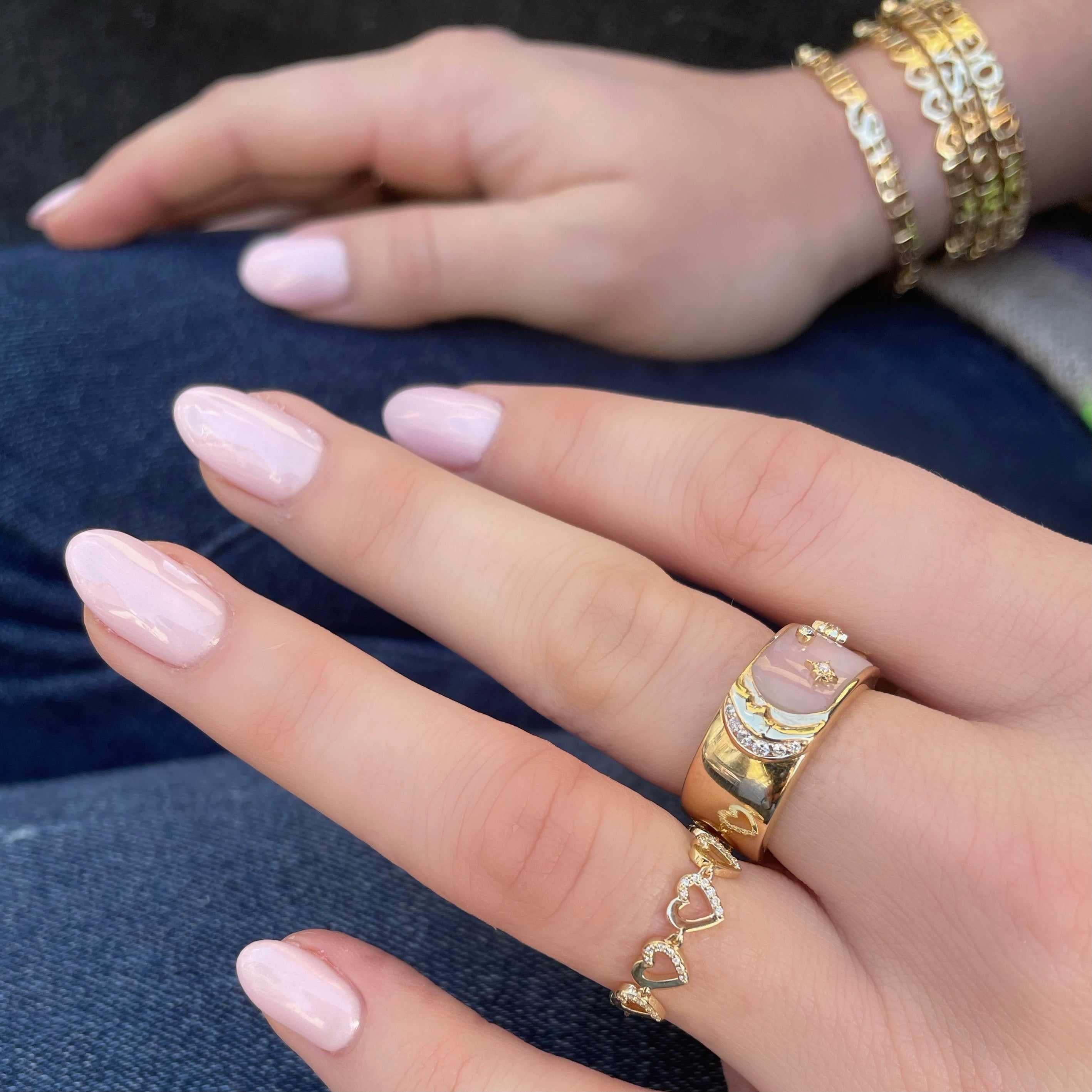 3 Initial Bezel Chain Ring & Tiny Hearts Ring- Golden Heart