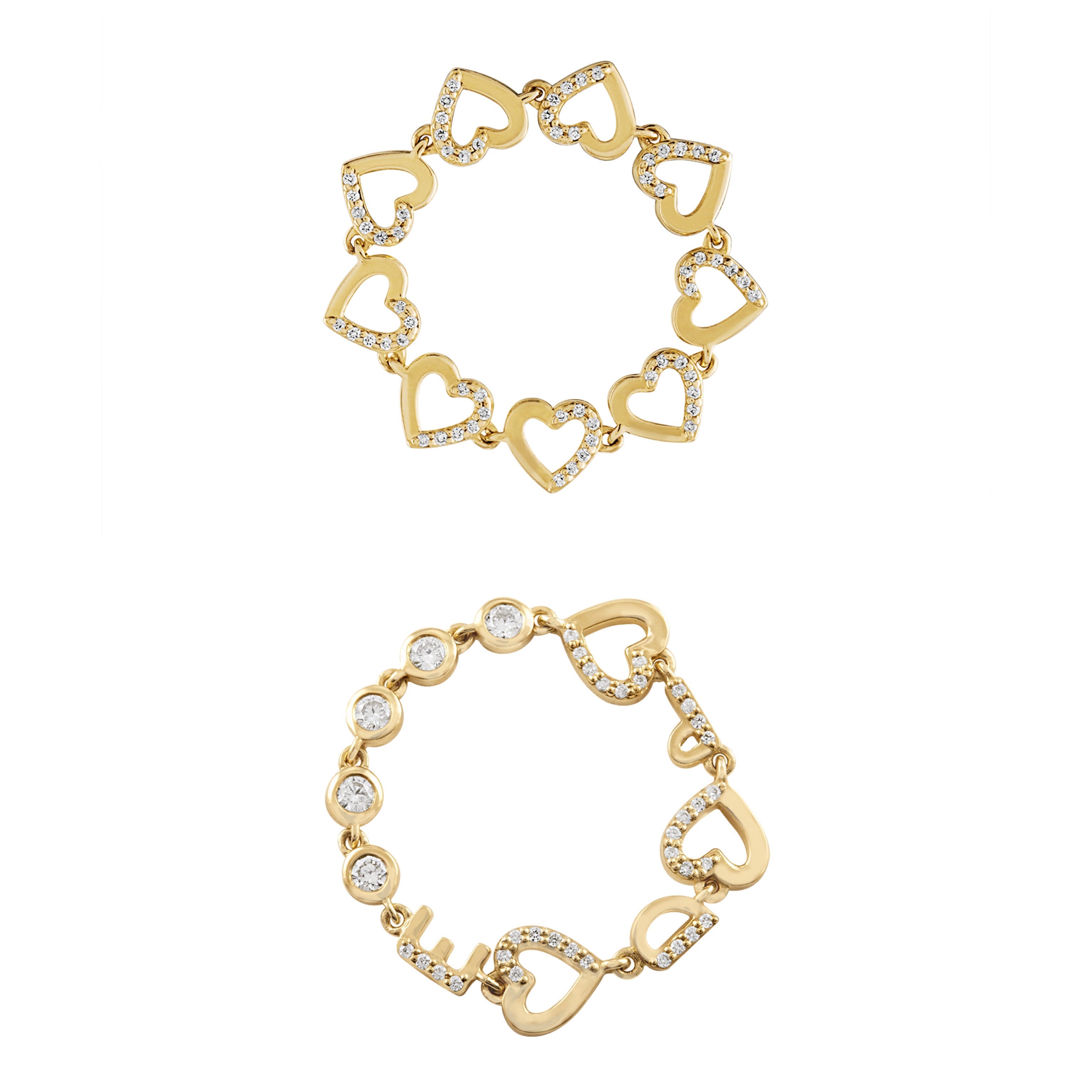 3 Initial Bezel Chain Ring & Tiny Hearts Ring