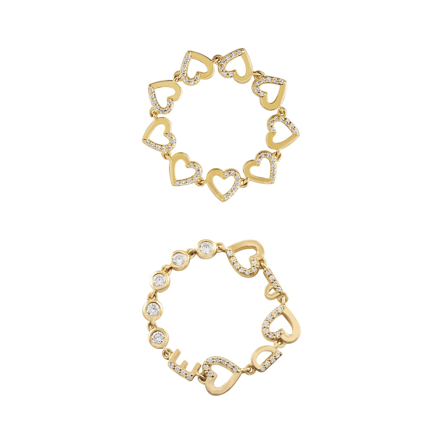 3 Initial Bezel Chain Ring & Tiny Hearts Ring - Ring - Eden Presley