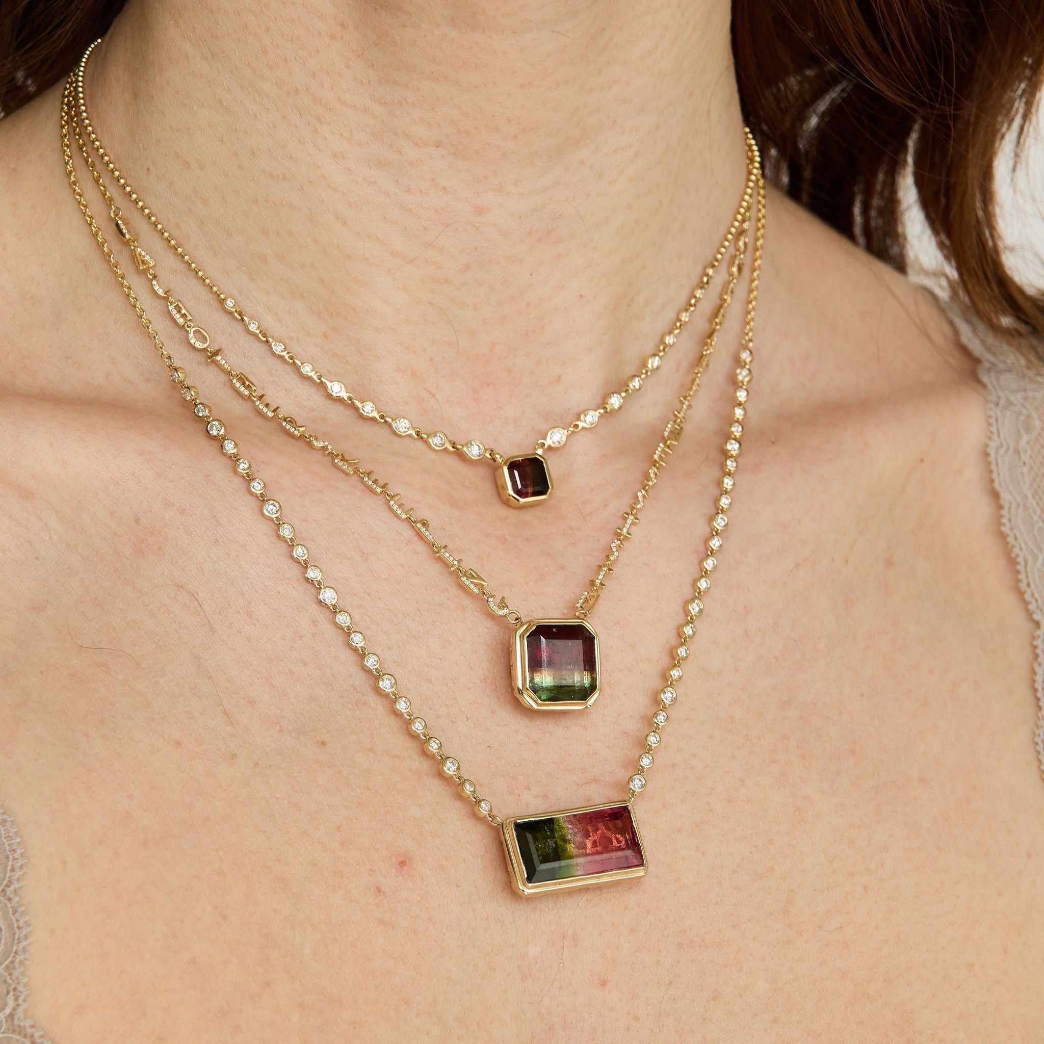 Tri color Tourmaline Tiny Letters Necklace front view