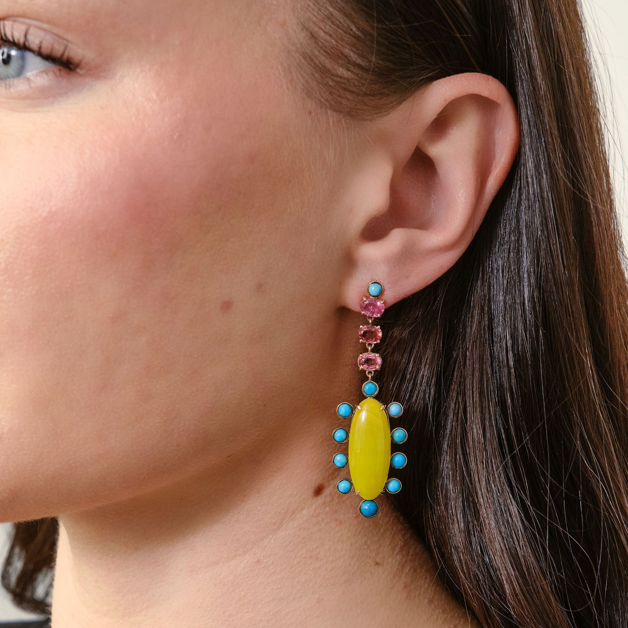 Sunny Vesuvianite, Turquoise, Spinel Earrings