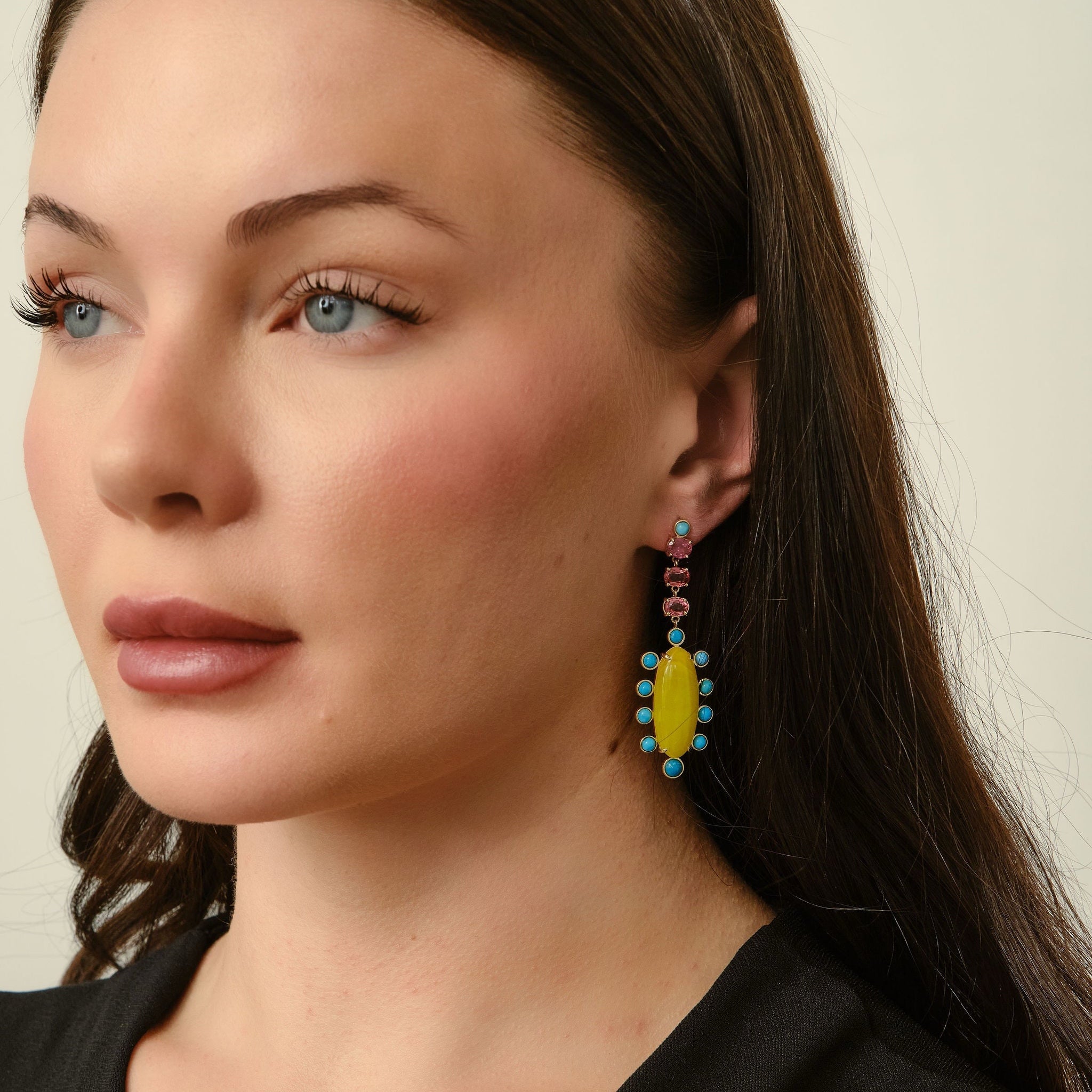 Sunny Vesuvianite, Turquoise, Spinel Earrings