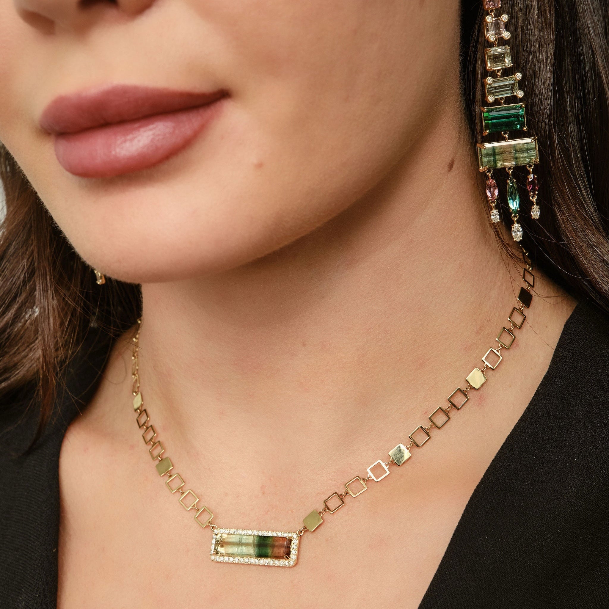 Tricolor Tourmaline and Diamond Pyramid Earrings