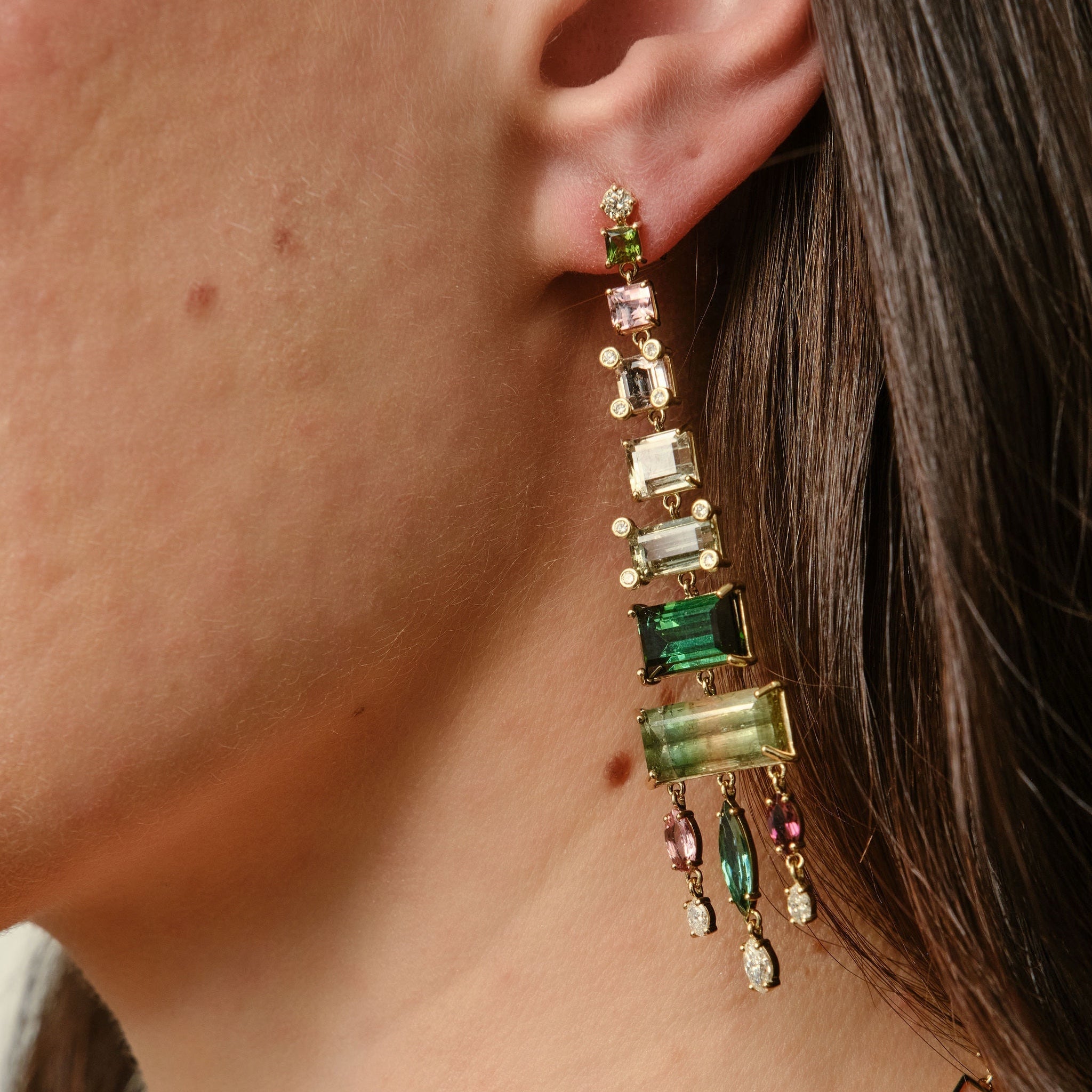 Tricolor Tourmaline and Diamond Pyramid Earrings