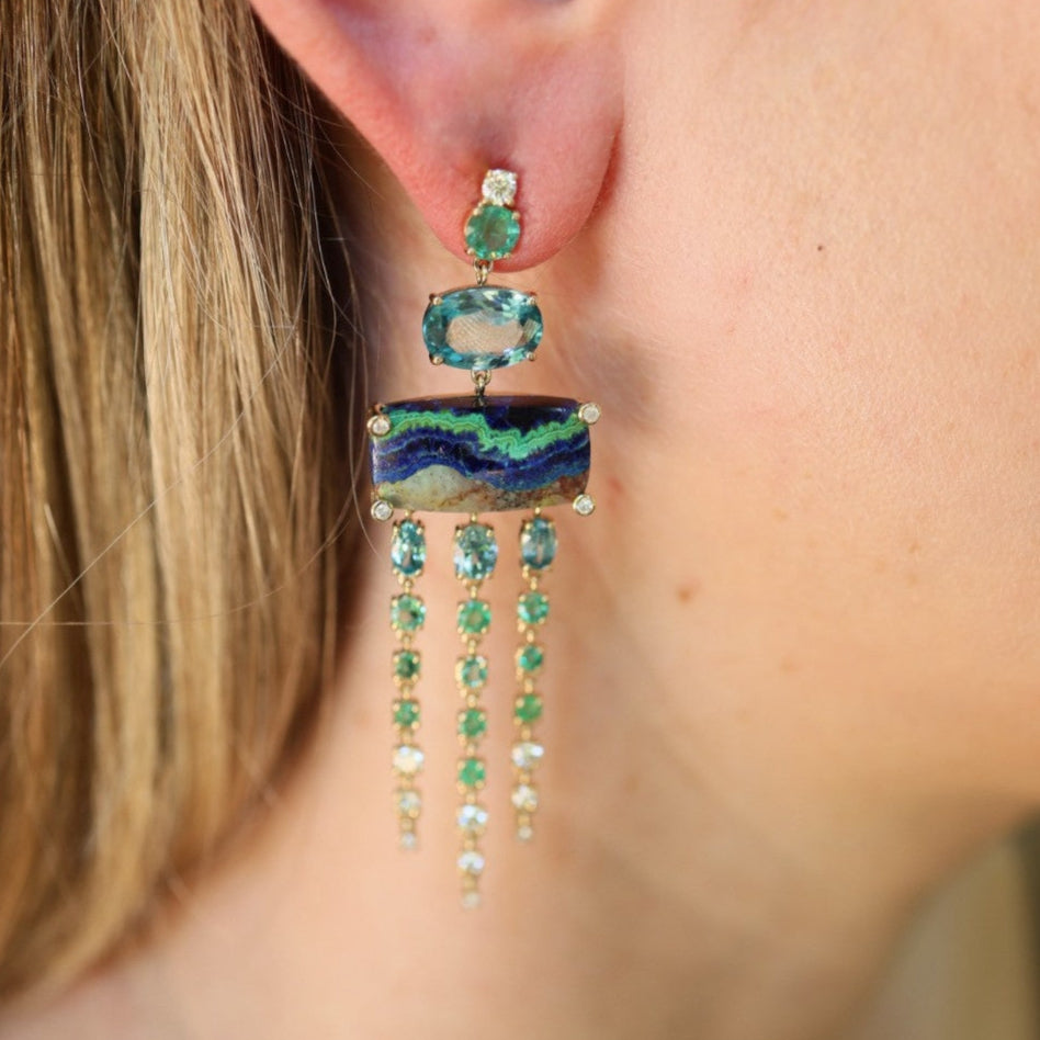Malachite Azurite, Emerald, Zircon and Diamond Chandelier Earrings