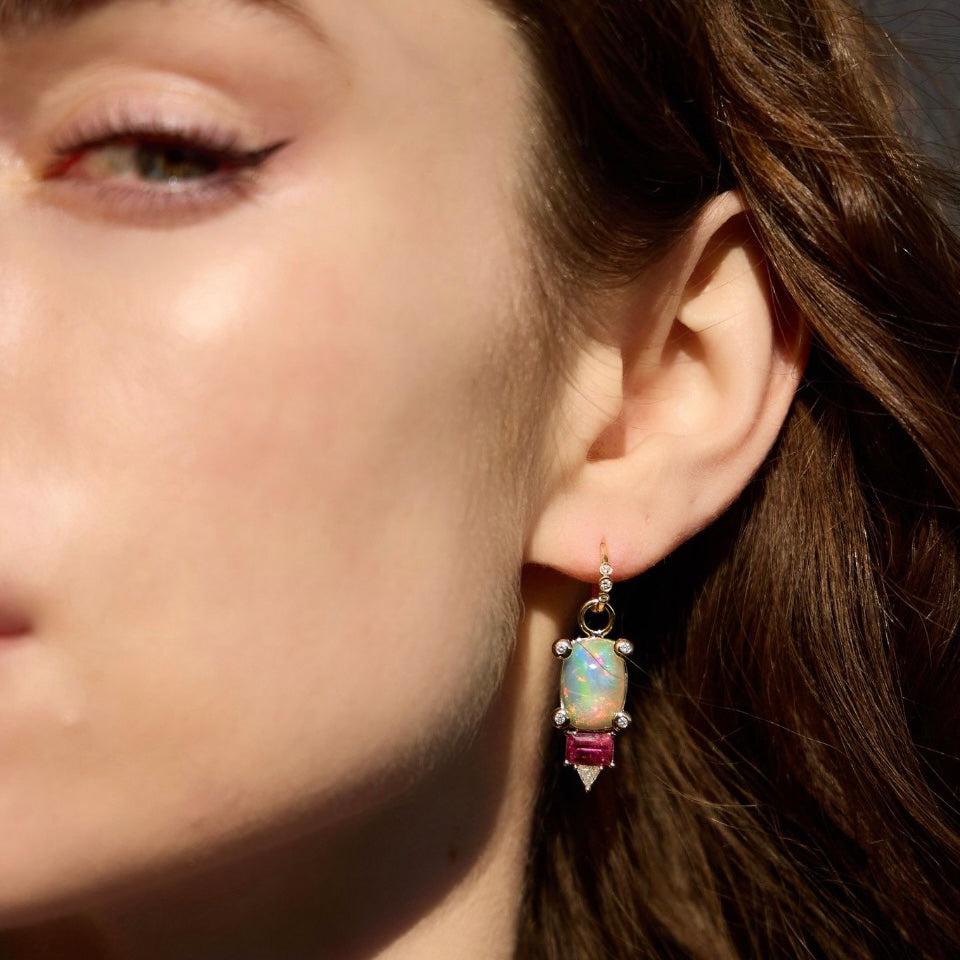 Opal, Pink Tourmaline, Diamond drop Earrings with Huggie