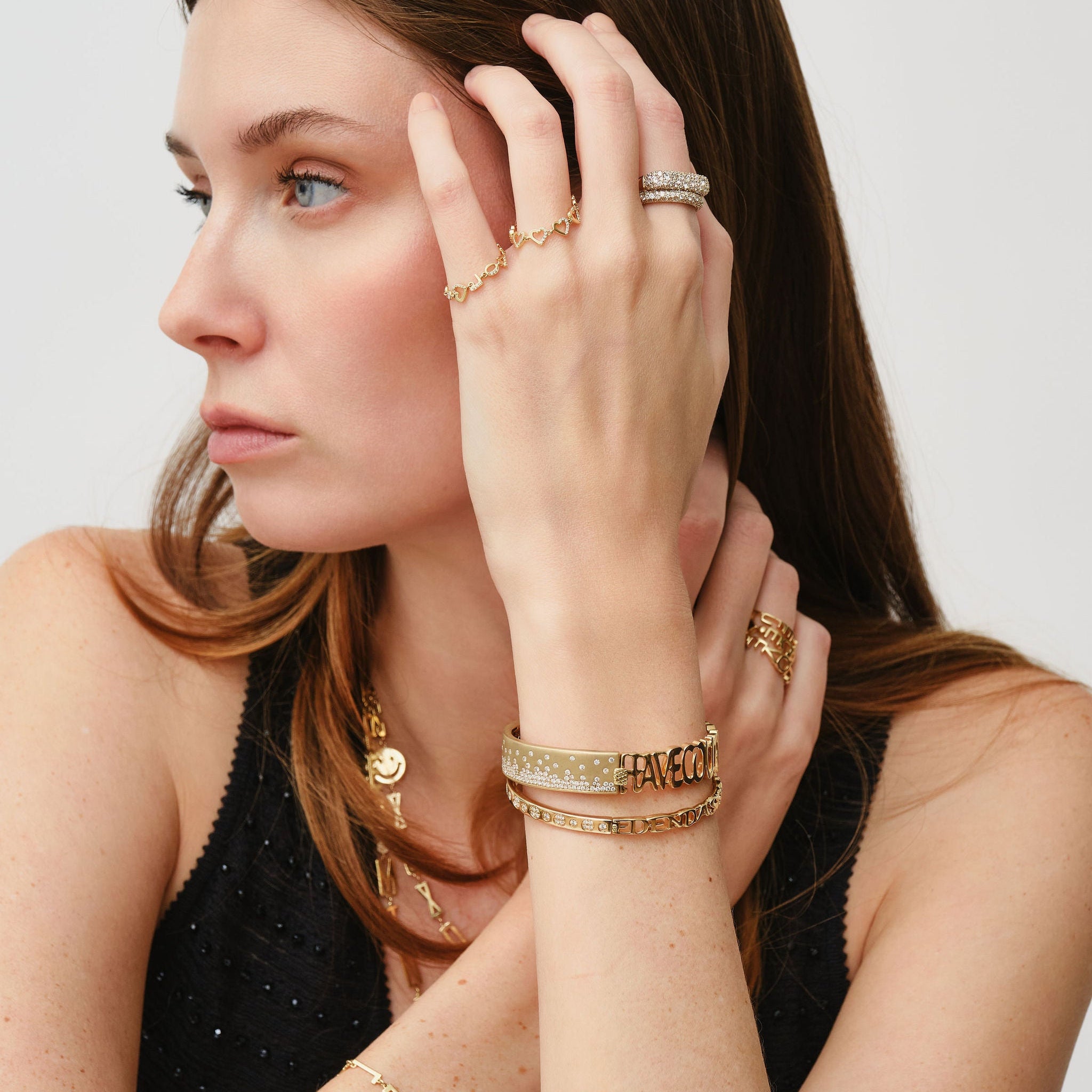 3 Initial Bezel Chain Ring & Tiny Hearts Ring - Image 3 | Ring | Eden Presley