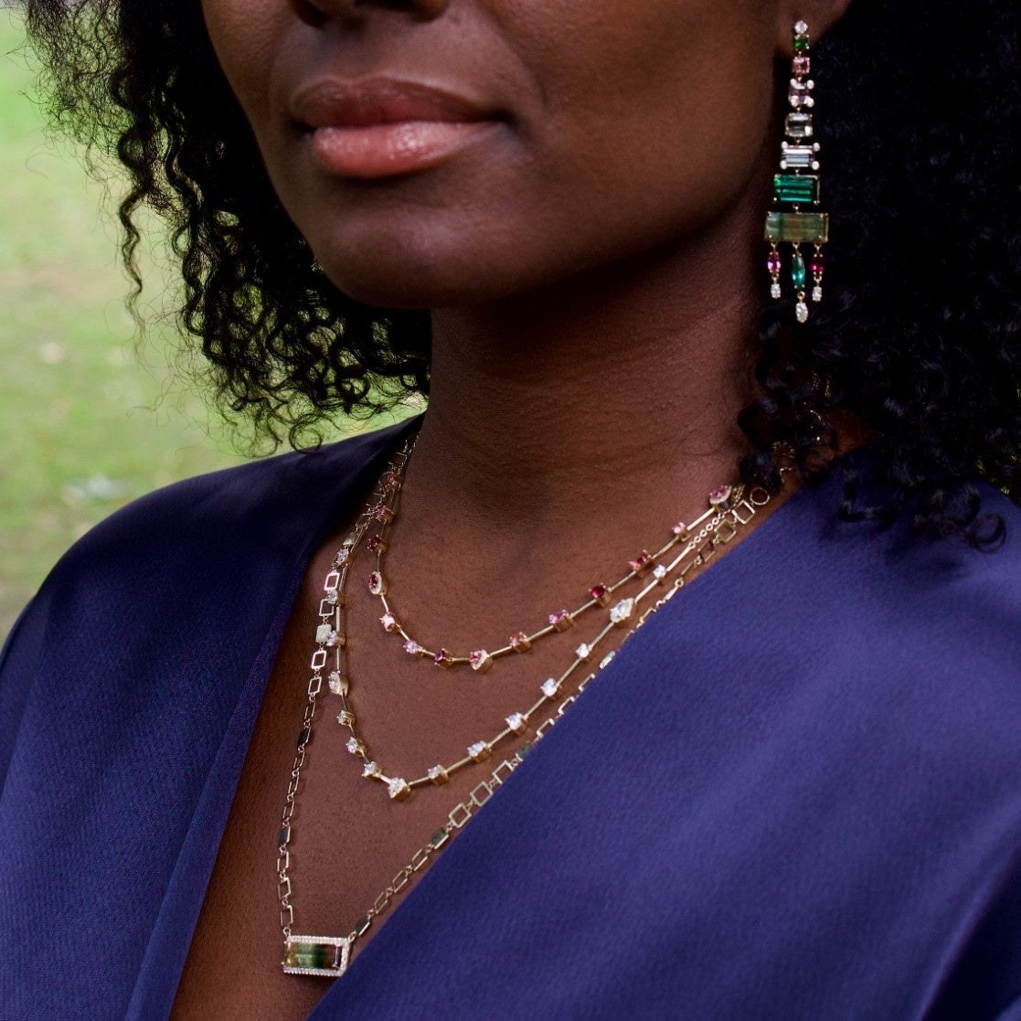 Tricolor Tourmaline and Diamond Pyramid Earrings
