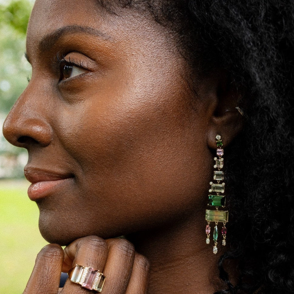 Tricolor Tourmaline and Diamond Pyramid Earrings