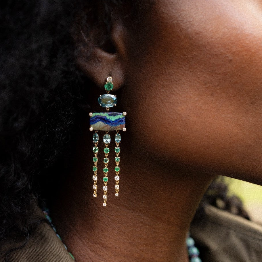 Malachite Azurite, Emerald, Zircon and Diamond Chandelier Earrings