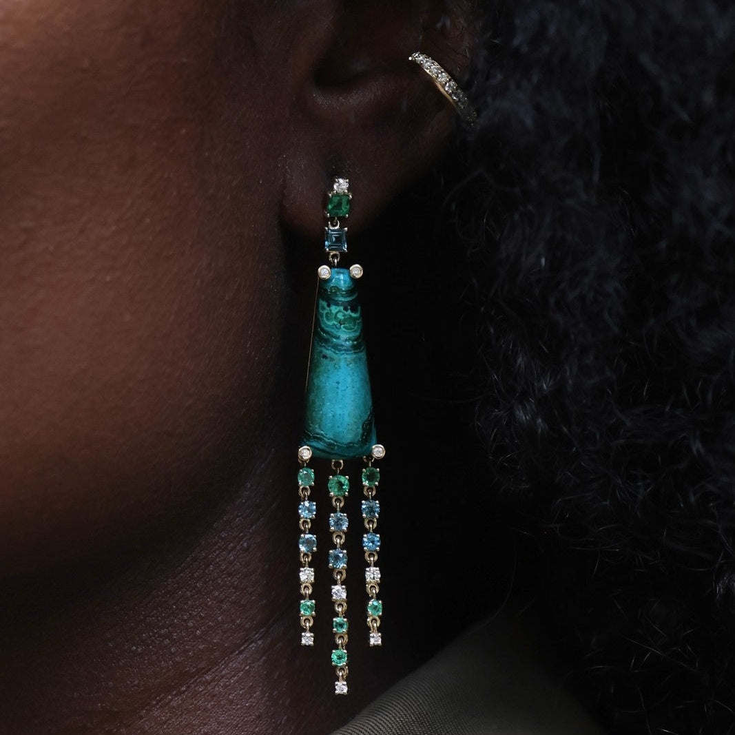 Malachite, London Blue Topaz, Emerald and Diamond Fringe Earrings