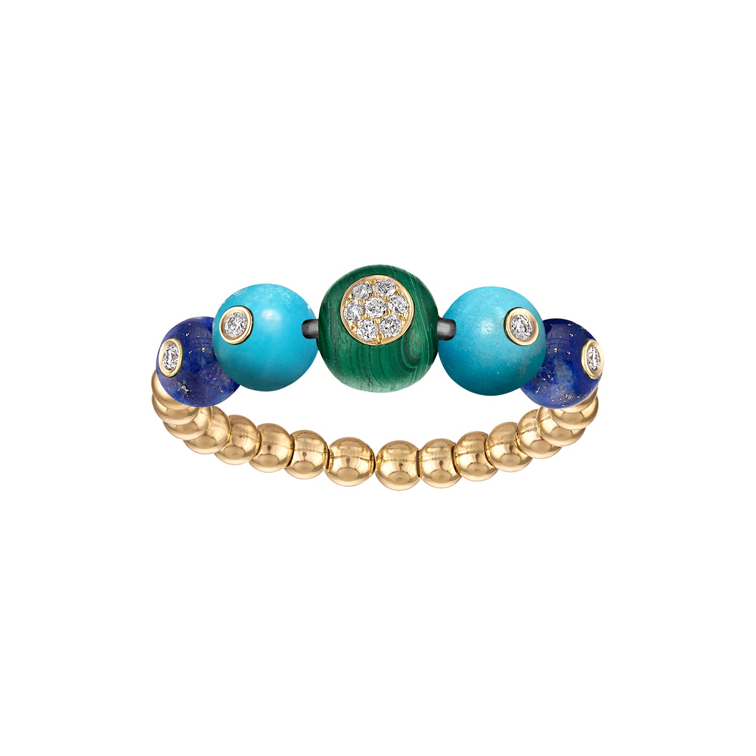 Bracelet with gold beads and colorful gemstones on a white background