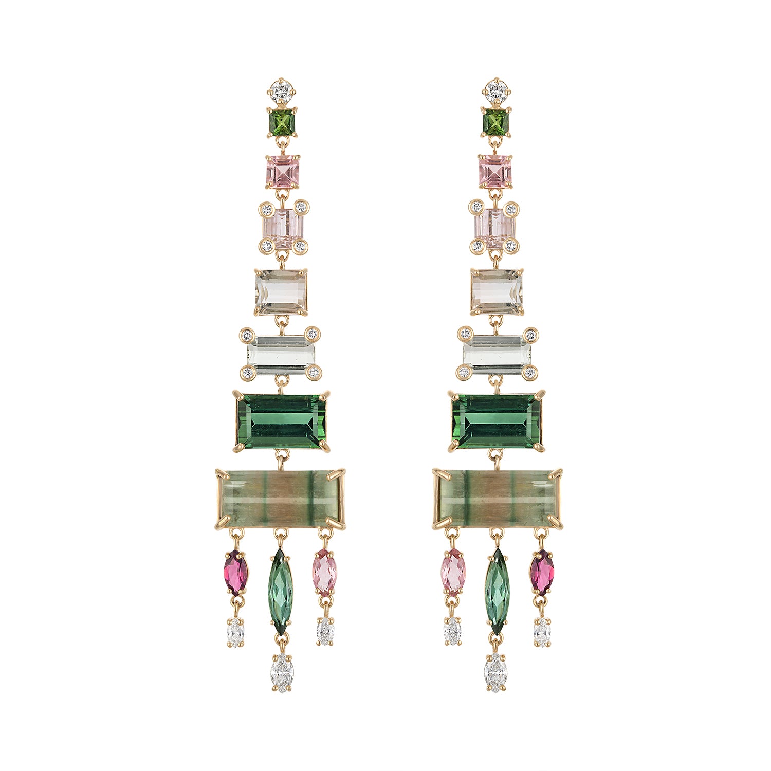 Tricolor Tourmaline and Diamond Pyramid Earrings