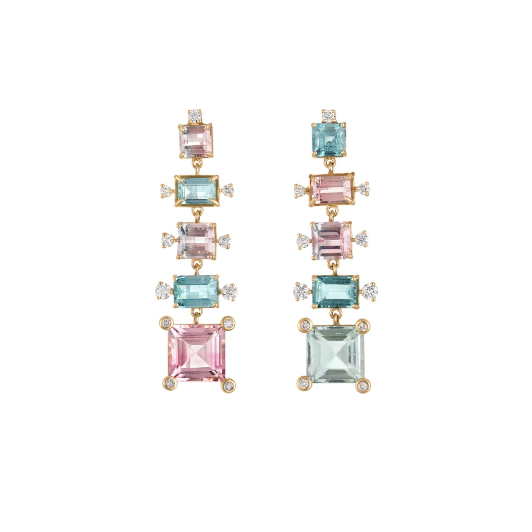 Graduated Bicolor Tourmaline and Diamond Drop Earrings (Medium)