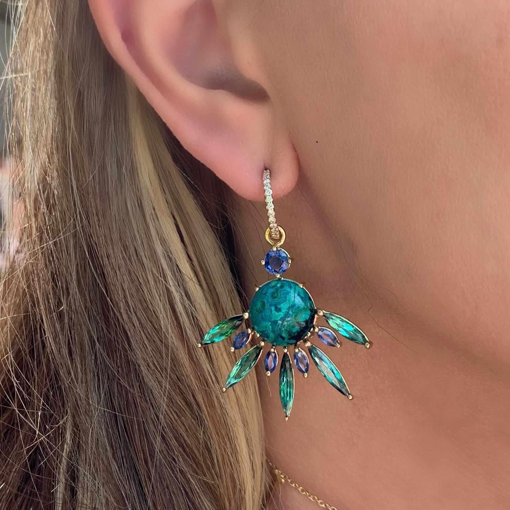 Azurmalachite & Tourmaline Fan Earrings-Earring-Eden Presley Fine Jewelry
