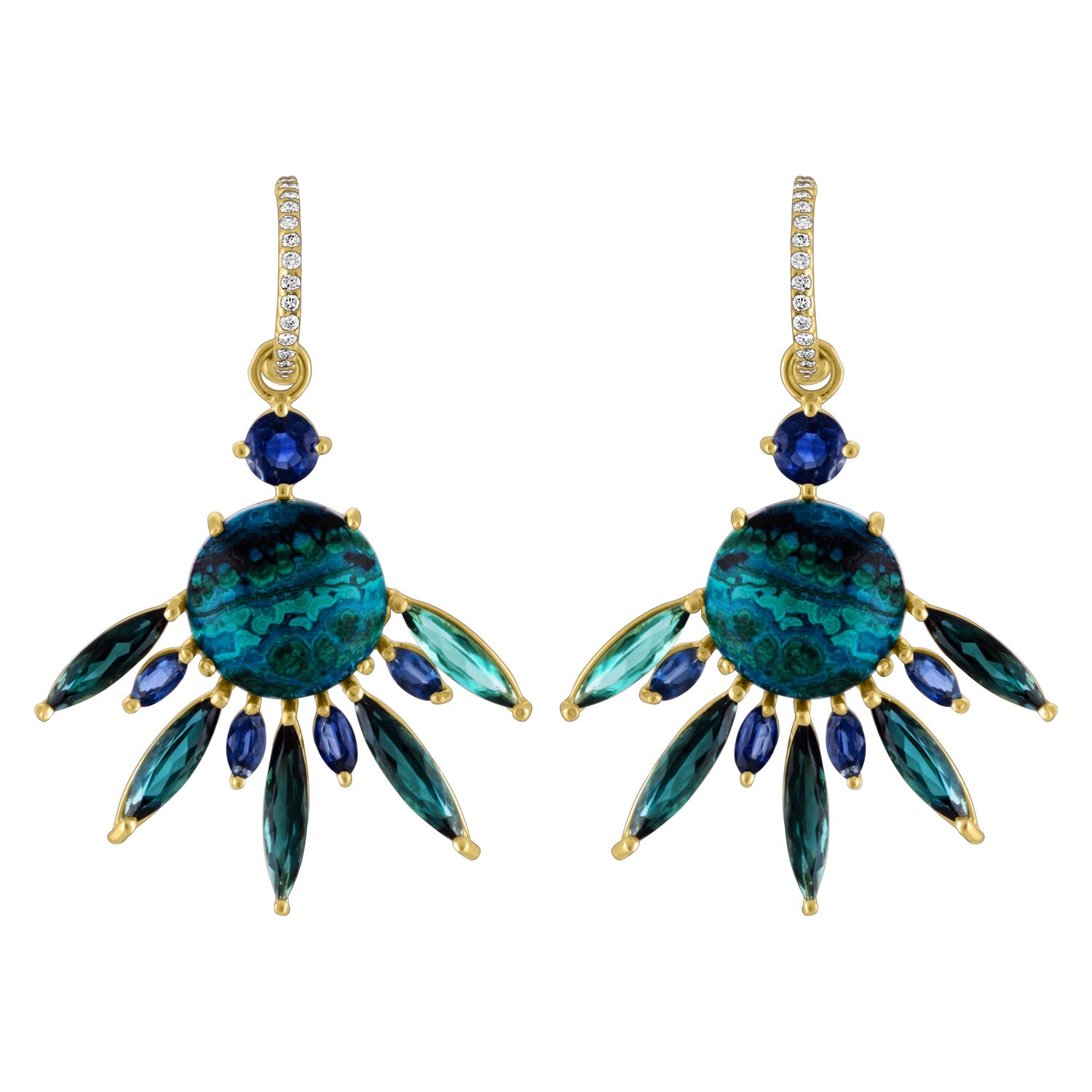 Azurmalachite & Tourmaline Fan Earrings-Earring-Eden Presley Fine Jewelry