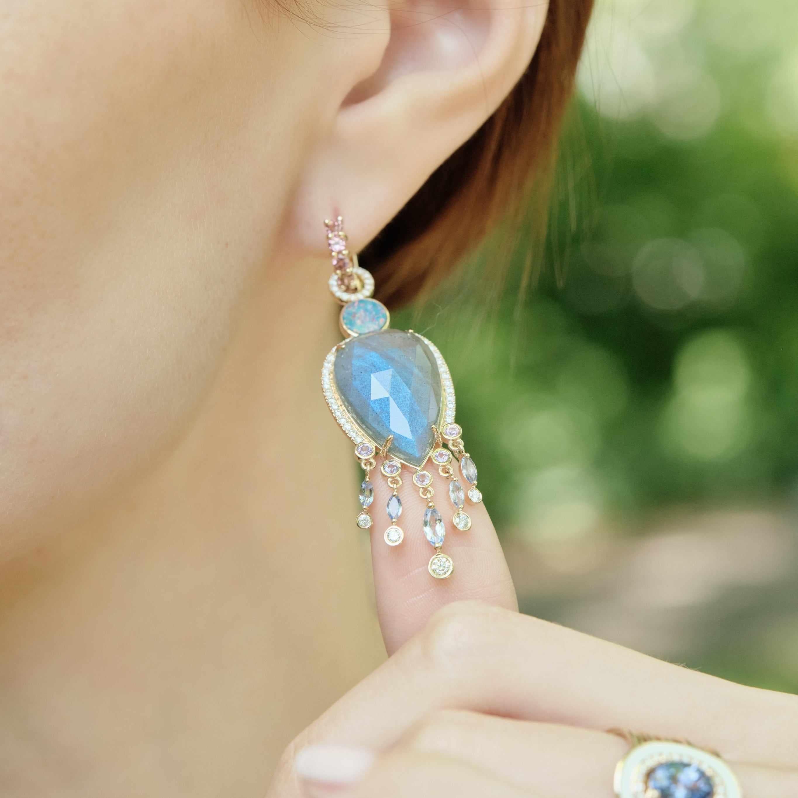 Labradorite, boulder opal, tanzanite diamond drops-Necklace, pendant, side view