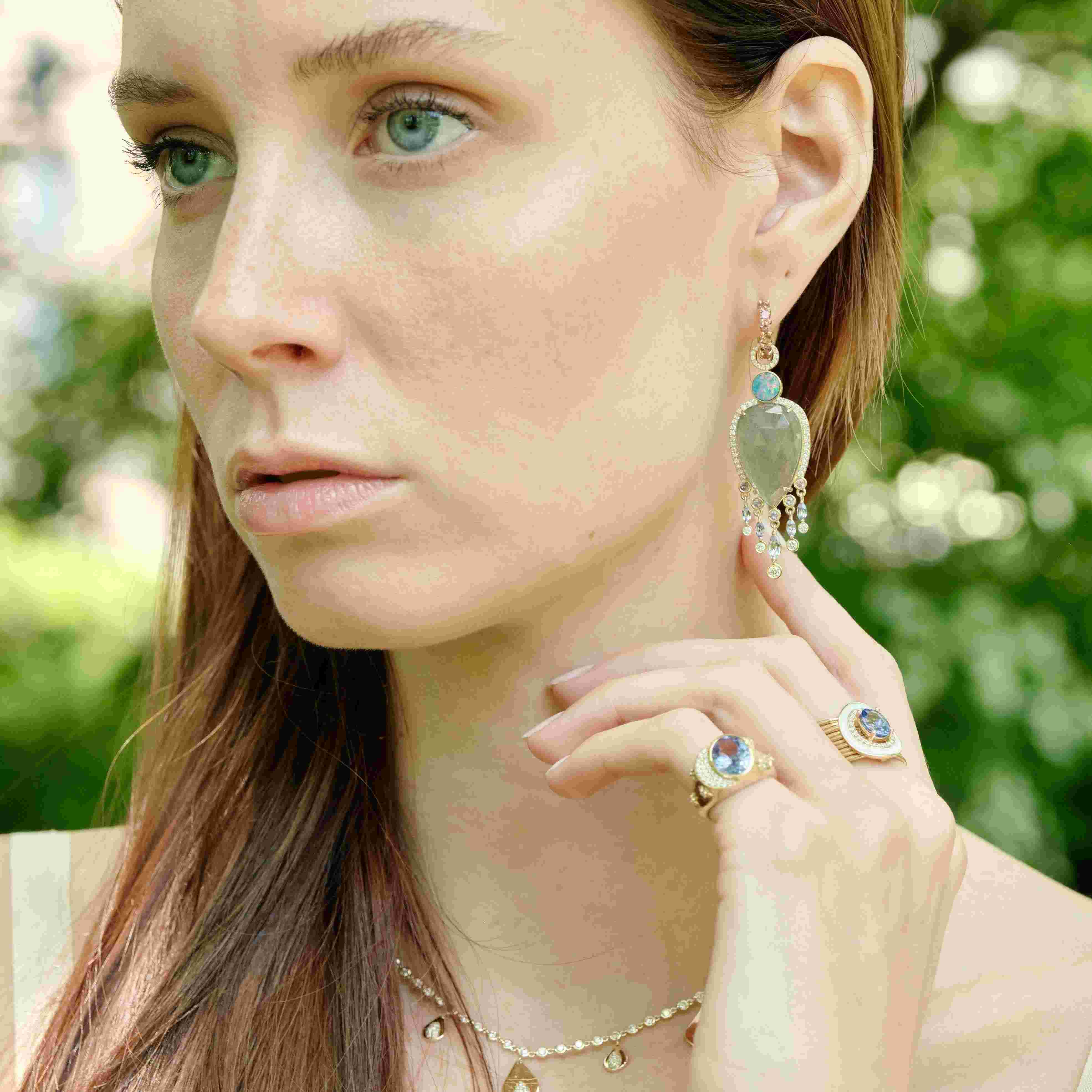 Labradorite, boulder opal, tanzanite diamond drops-Necklace left side look