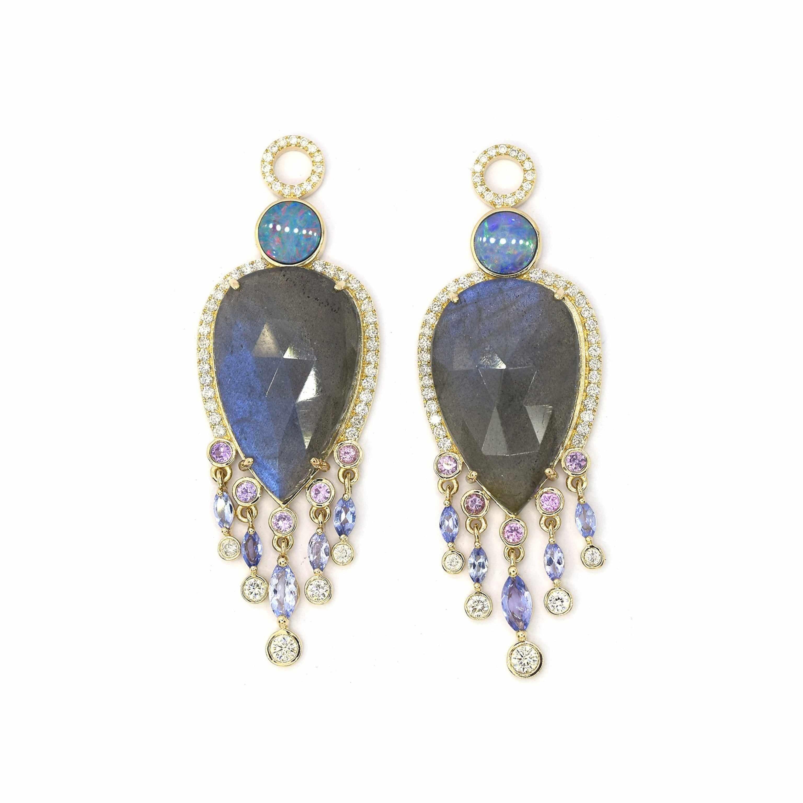 Labradorite, boulder opal, tanzanite diamond drops- front look