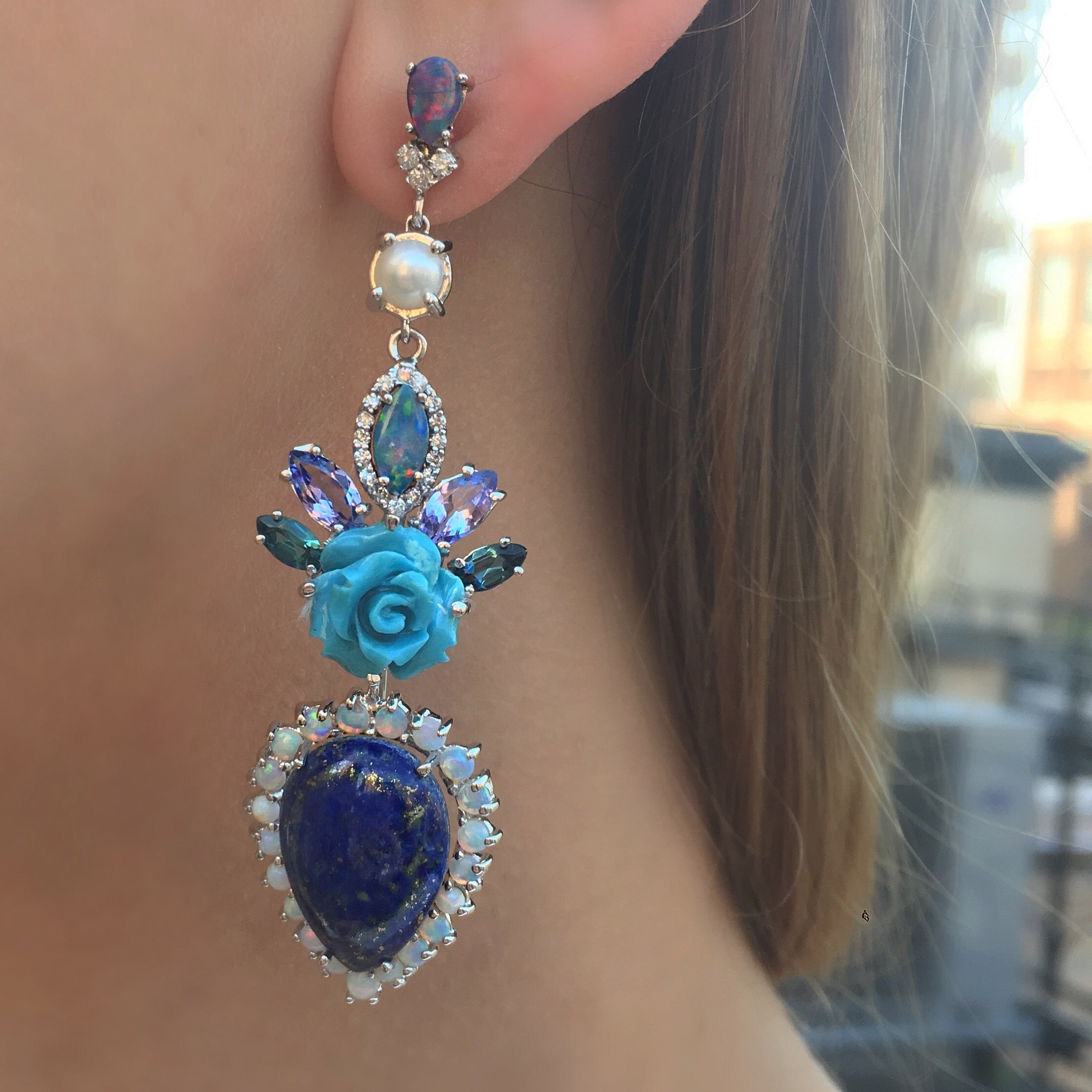 Lapis & Turquoise Flower Transformer Earrings-Earring-Eden Presley Fine Jewelry
