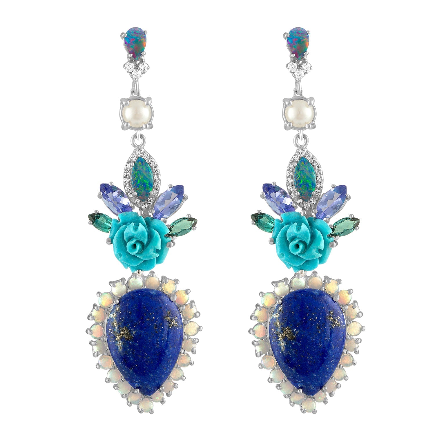 Lapis & Turquoise Flower Transformer Earrings-Earring-Eden Presley Fine Jewelry