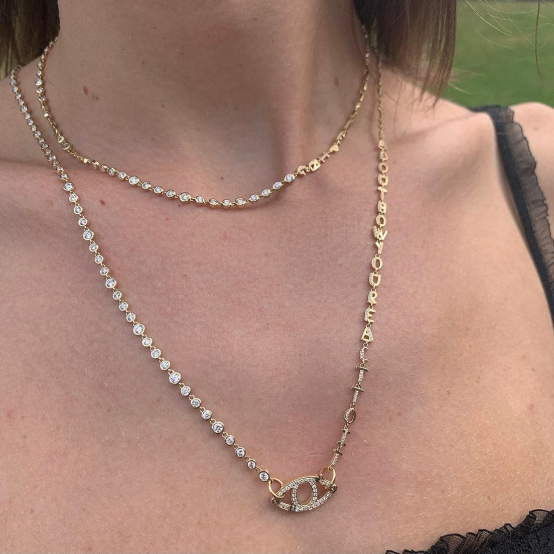 Long Tiny Letters Transformer Necklace-Bracelet front look