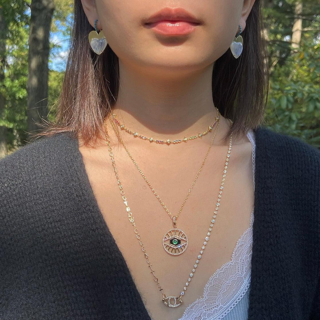 Long Tiny Letters Transformer Necklace look in neck