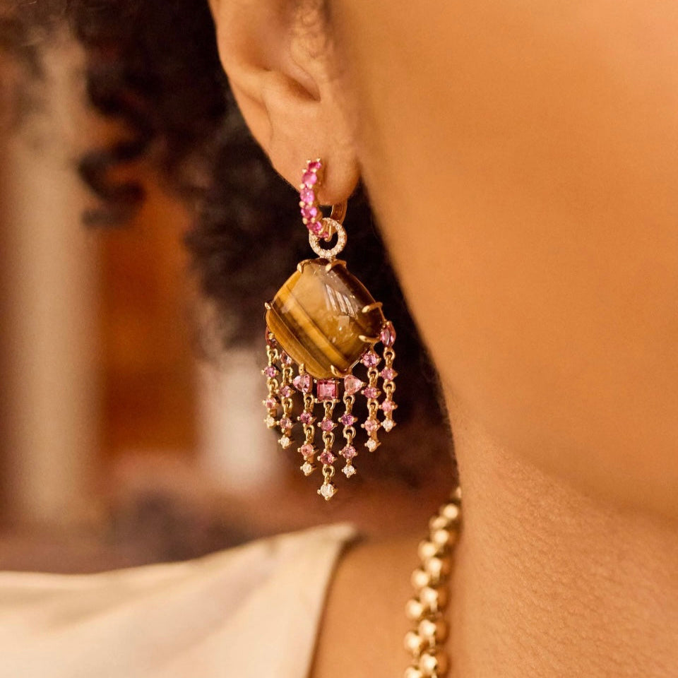 Tiger Eye Mixed Pinks Fringe Drop Earrings-Earrings, necklace, drop-Eden Presley Fine Jewelry