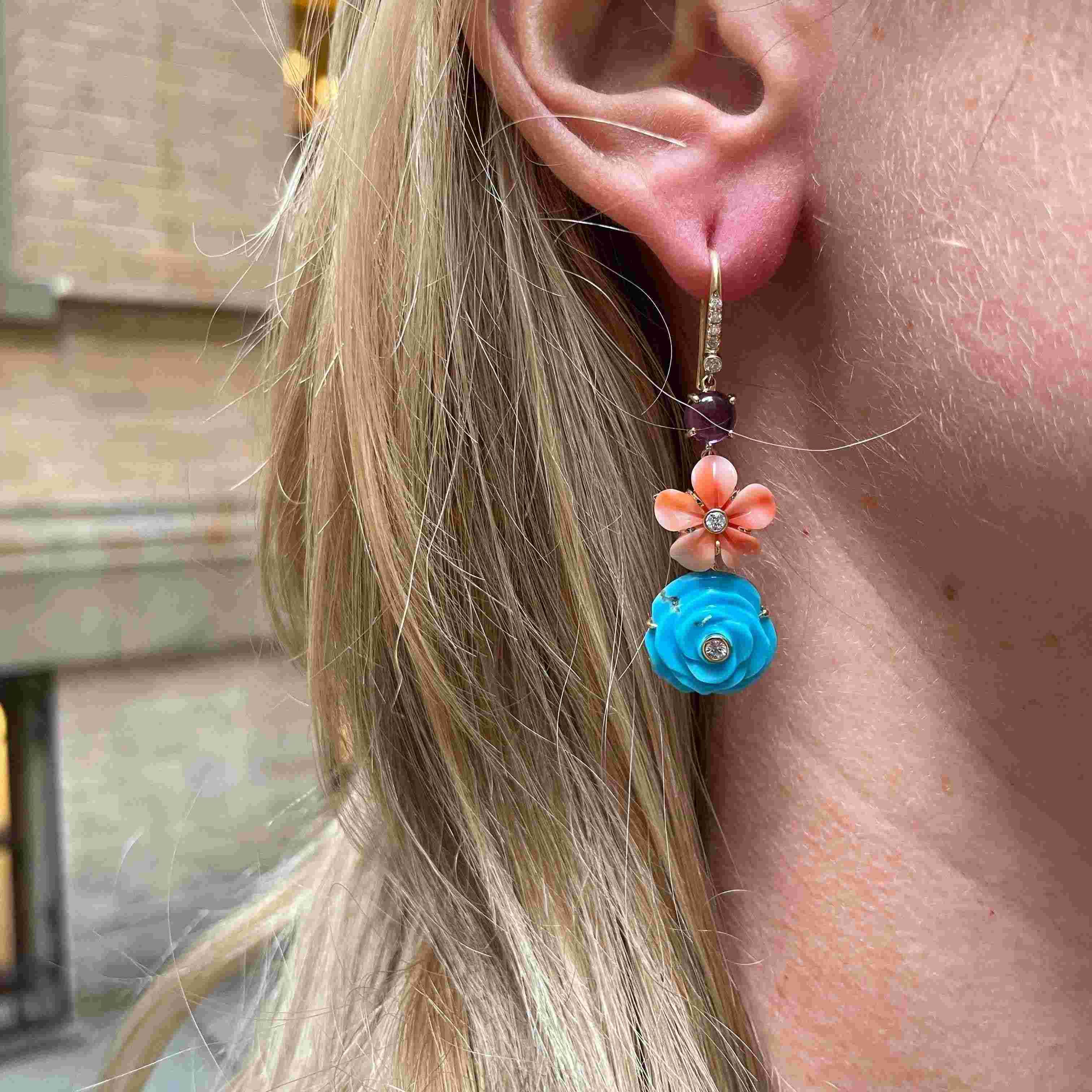 Turquoise, Coral, Amethyst Diamond Flower Drop Earring-Earrings-Eden Presley Fine Jewelry