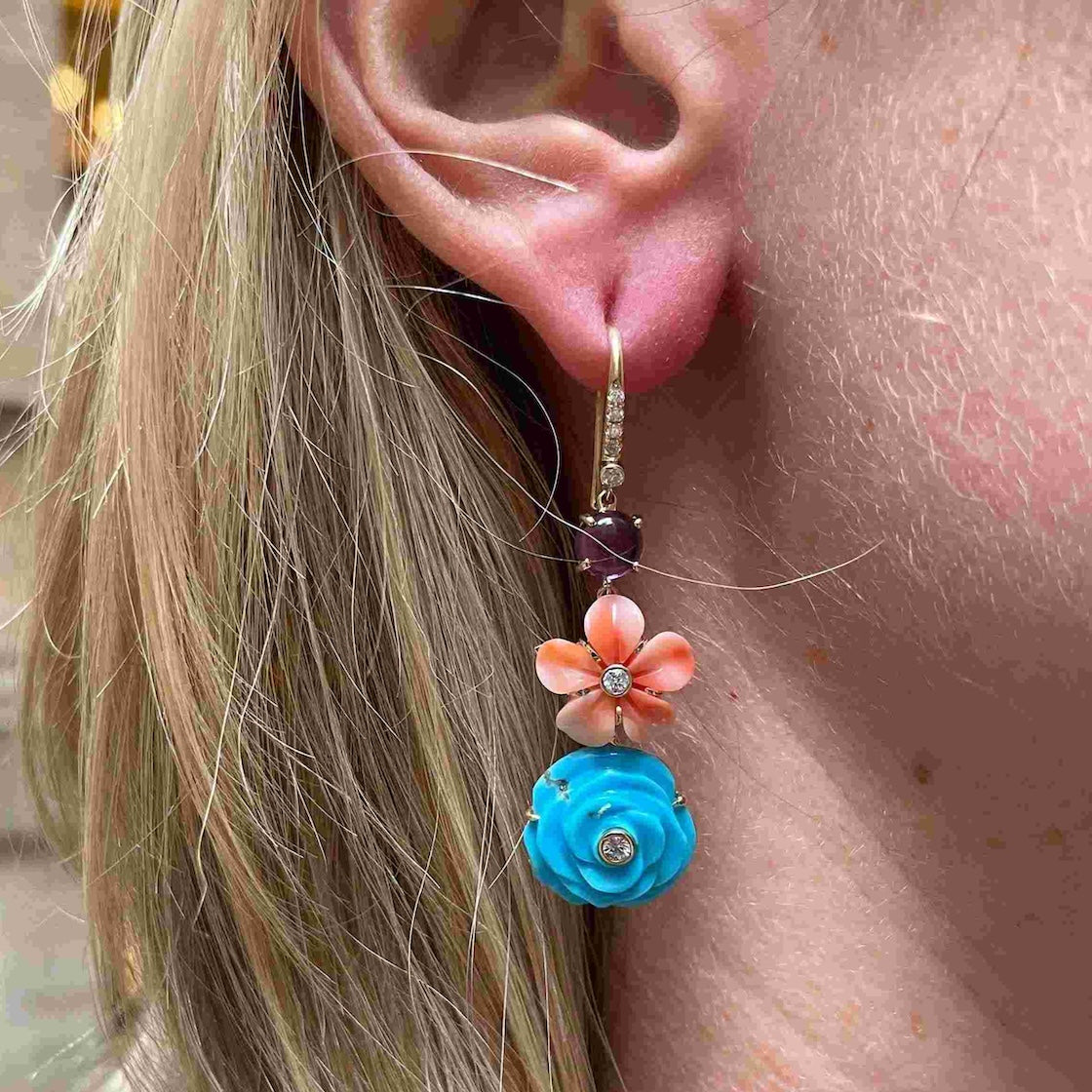Turquoise, Coral, Amethyst Diamond Flower Drop Earring-Earrings-Eden Presley Fine Jewelry