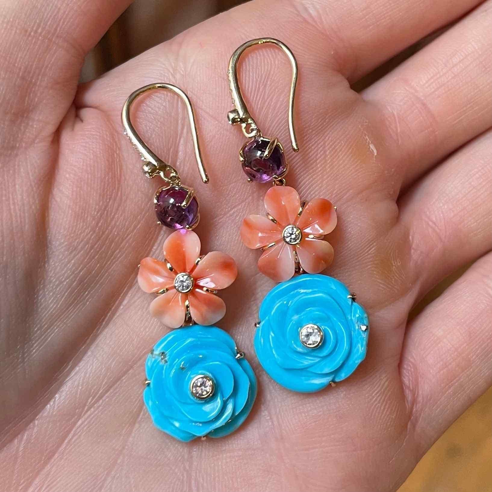 Turquoise, Coral, Amethyst Diamond Flower Drop Earring-Earrings-Eden Presley Fine Jewelry