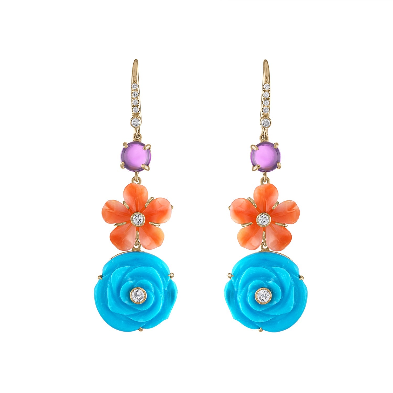 Turquoise, Coral, Amethyst Diamond Flower Drop Earring-Earrings-Eden Presley Fine Jewelry
