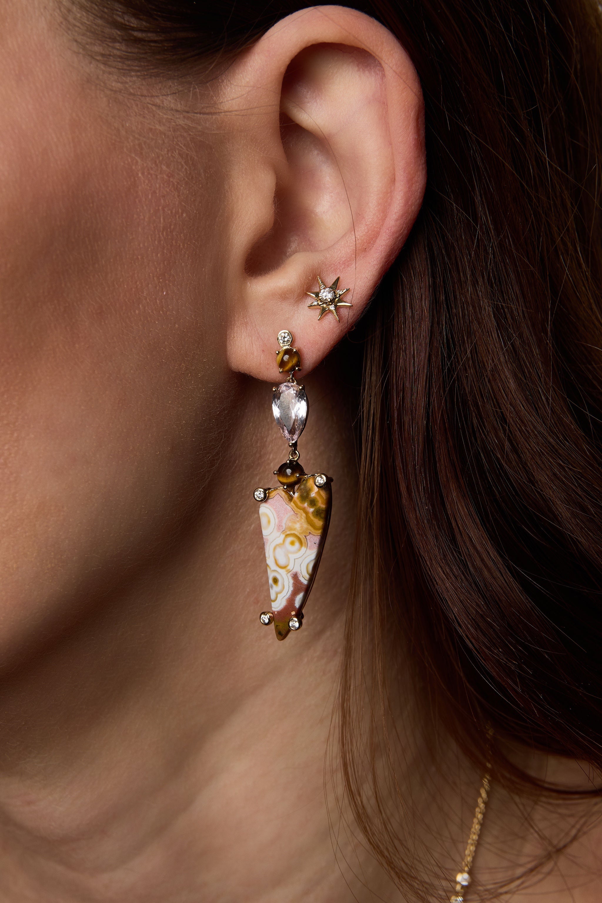 Ocean Jasper, Kunzite, Tigers Eye Diamond Earrings side view 