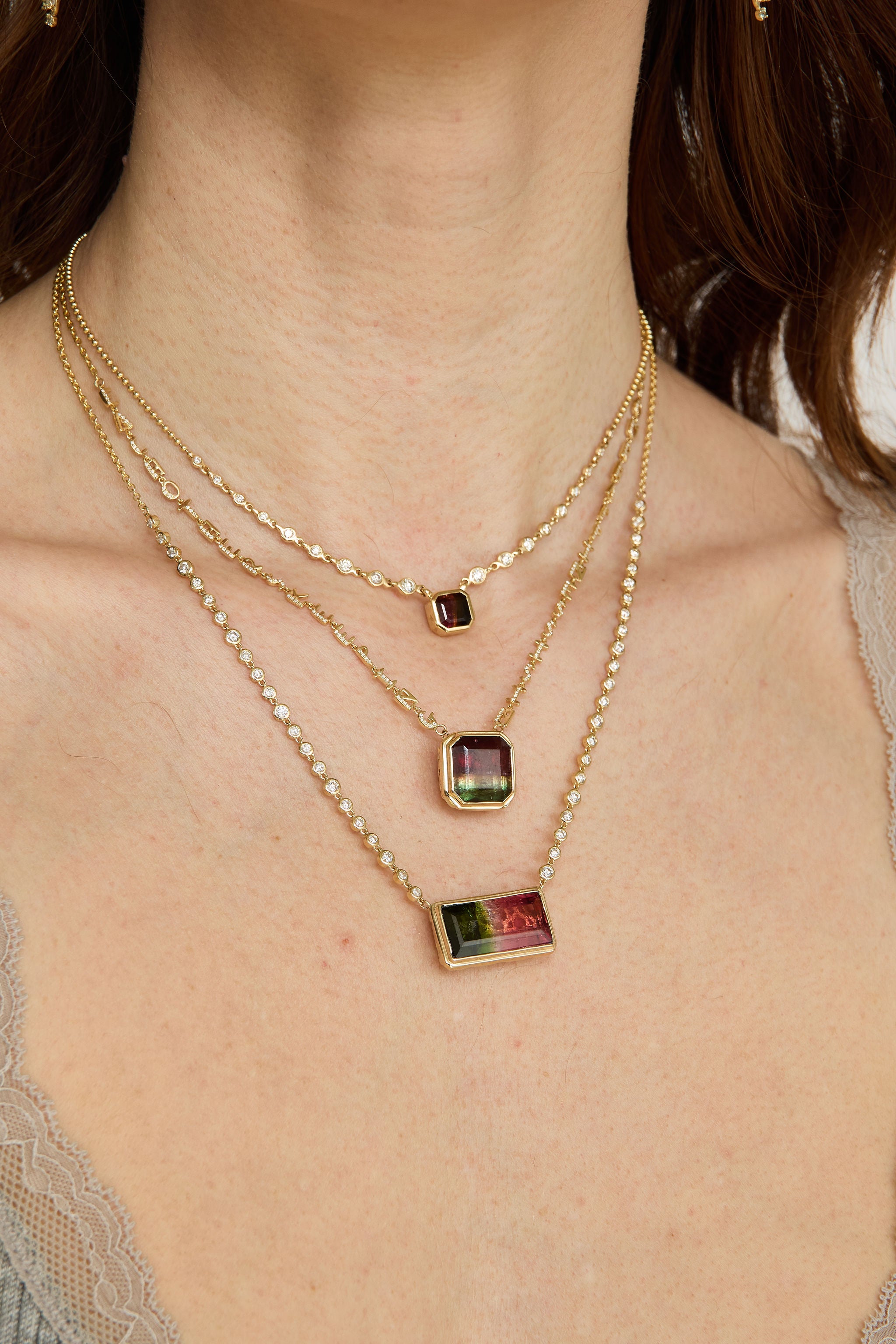 Tri color Tourmaline Tiny Letters Necklace