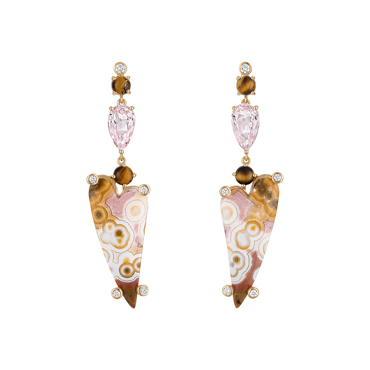 Ocean Jasper, Kunzite, Tigers Eye Diamond Earrings