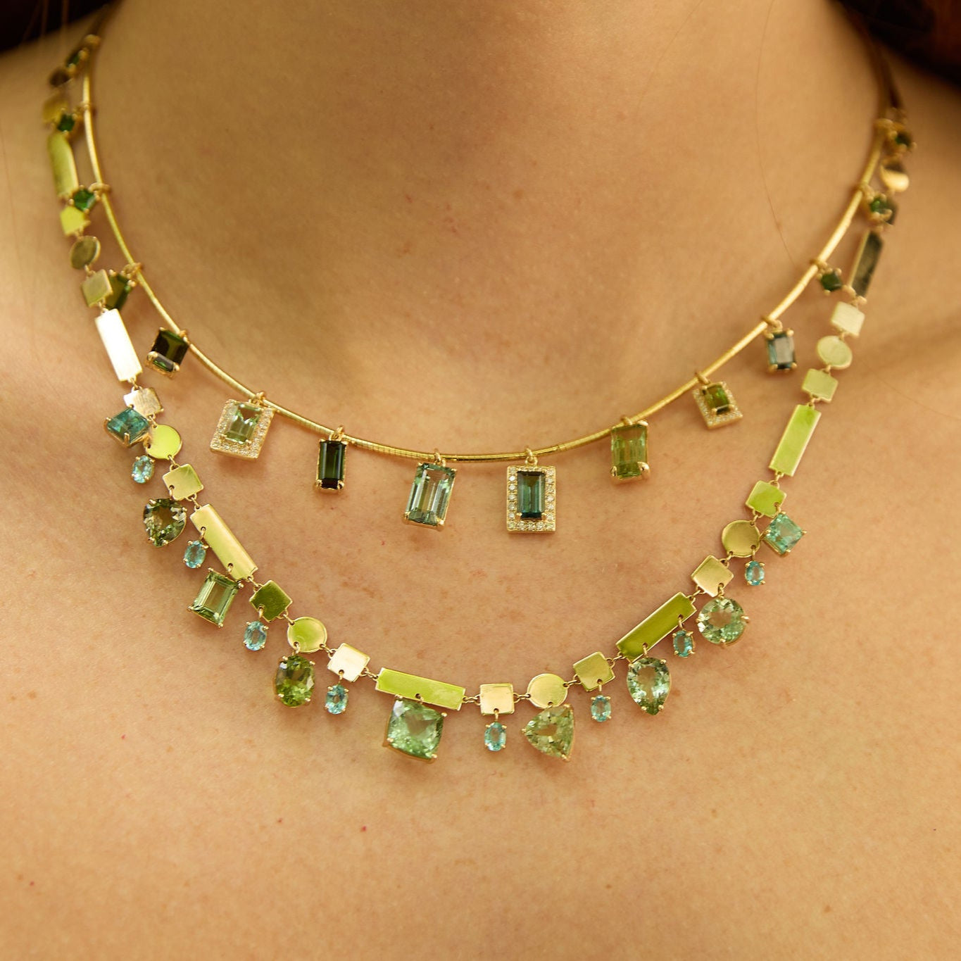 Mixed Green Tourmaline Beryl Diamond Collar