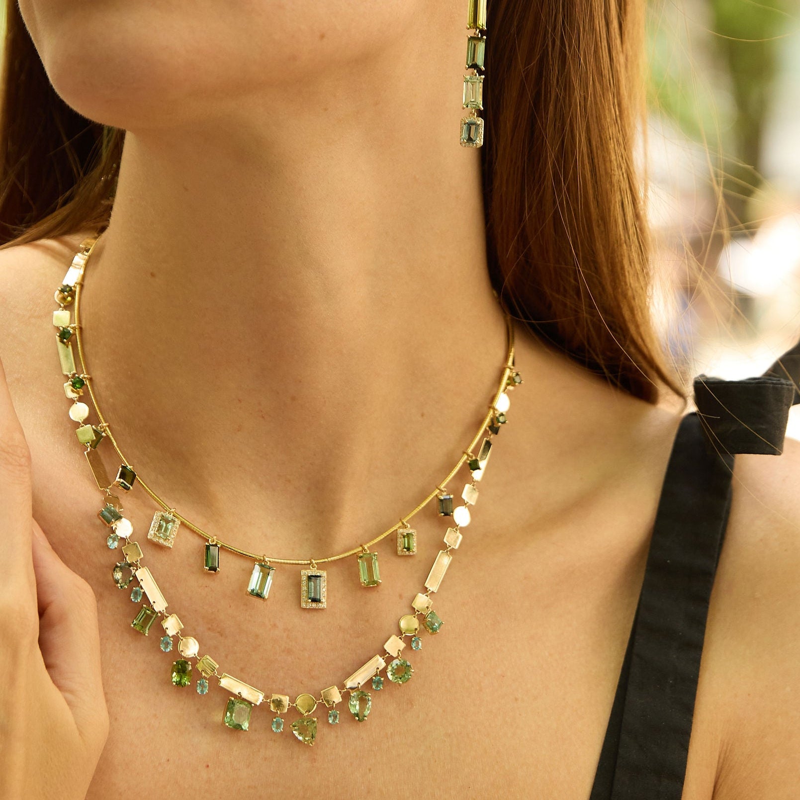 Mixed Green Tourmaline Beryl Diamond Collar