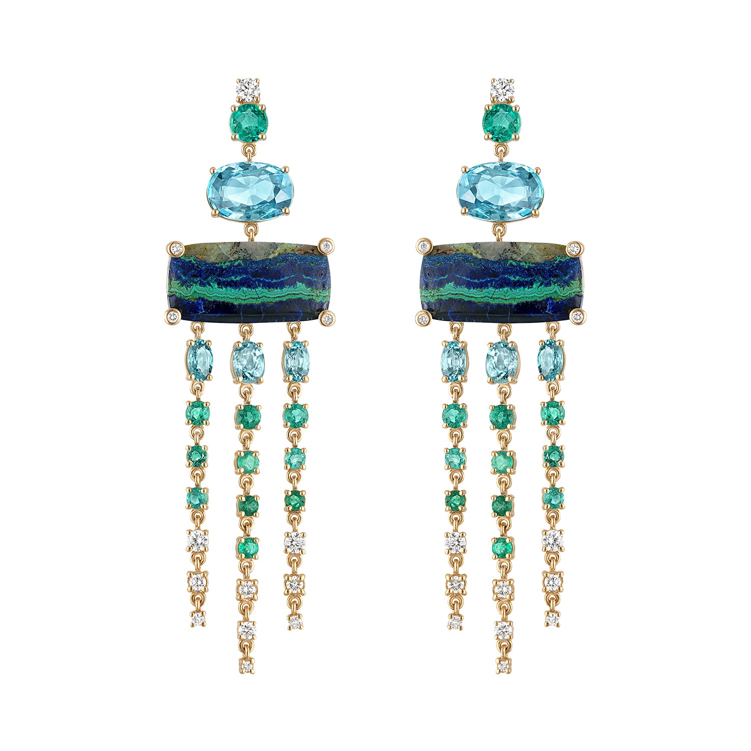 Malachite Azurite, Emerald, Zircon and Diamond Chandelier Earrings