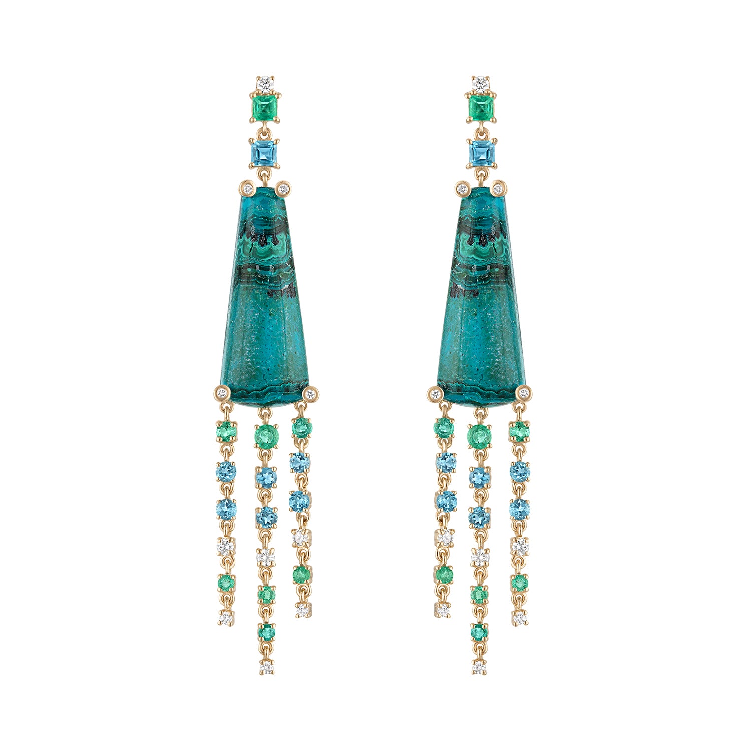 Malachite, London Blue Topaz, Emerald and Diamond Fringe Earrings