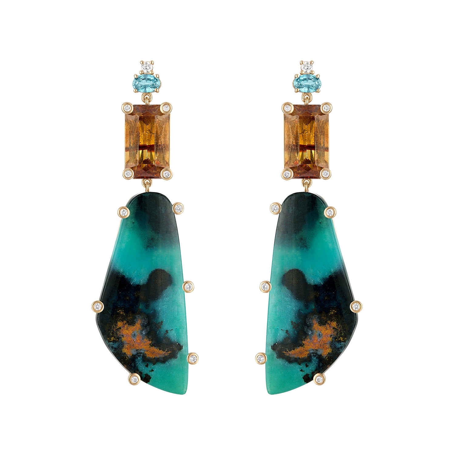 Sphalerite, Chrysocolla Cuprite, Zircon and Diamond Earrings