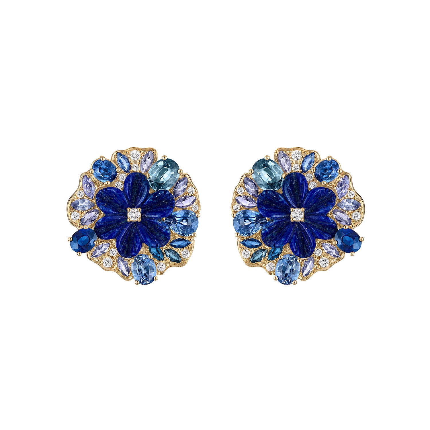 Carved Lapis and Blue Sapphire Flower Earrings