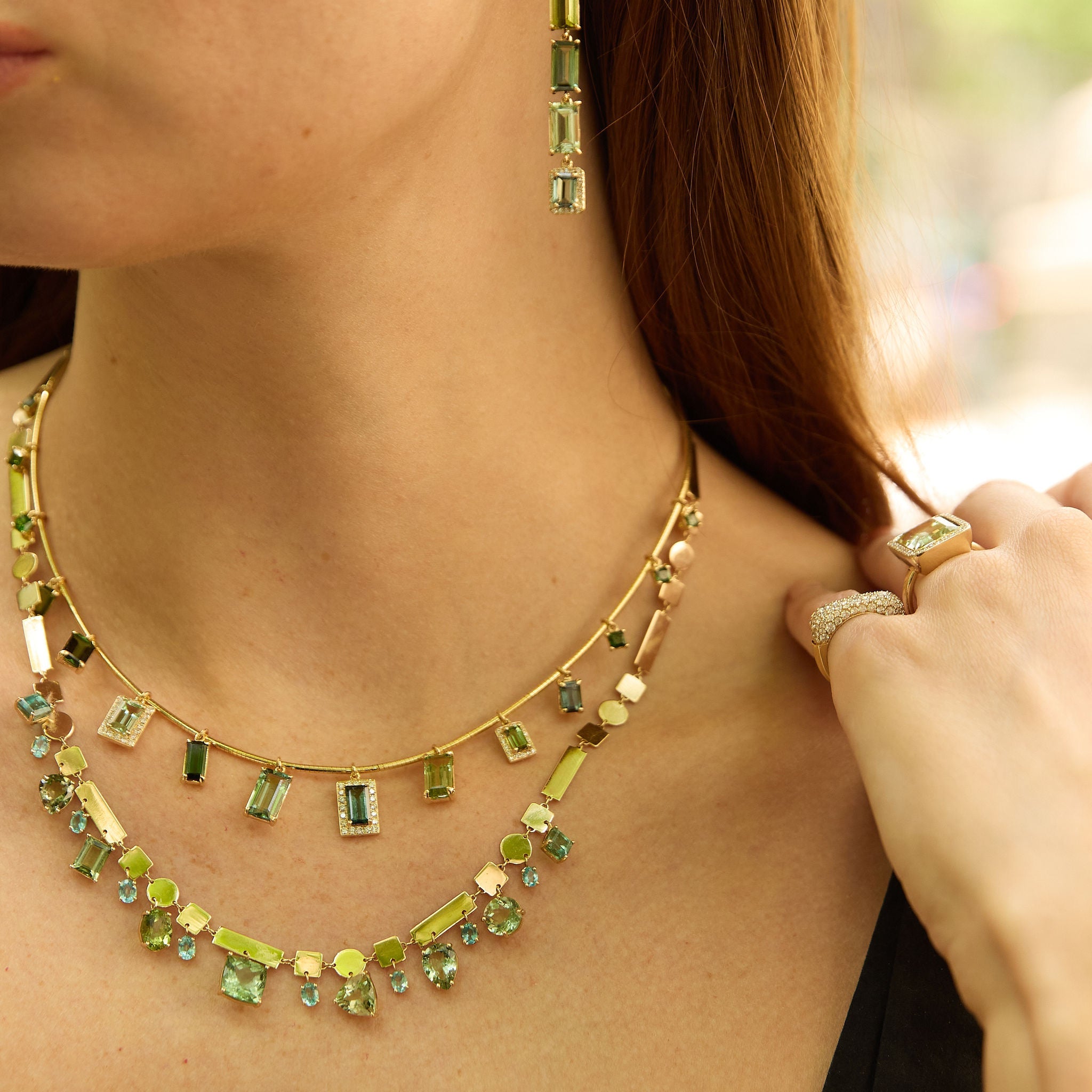 Mixed Green Tourmaline Beryl Diamond Collar