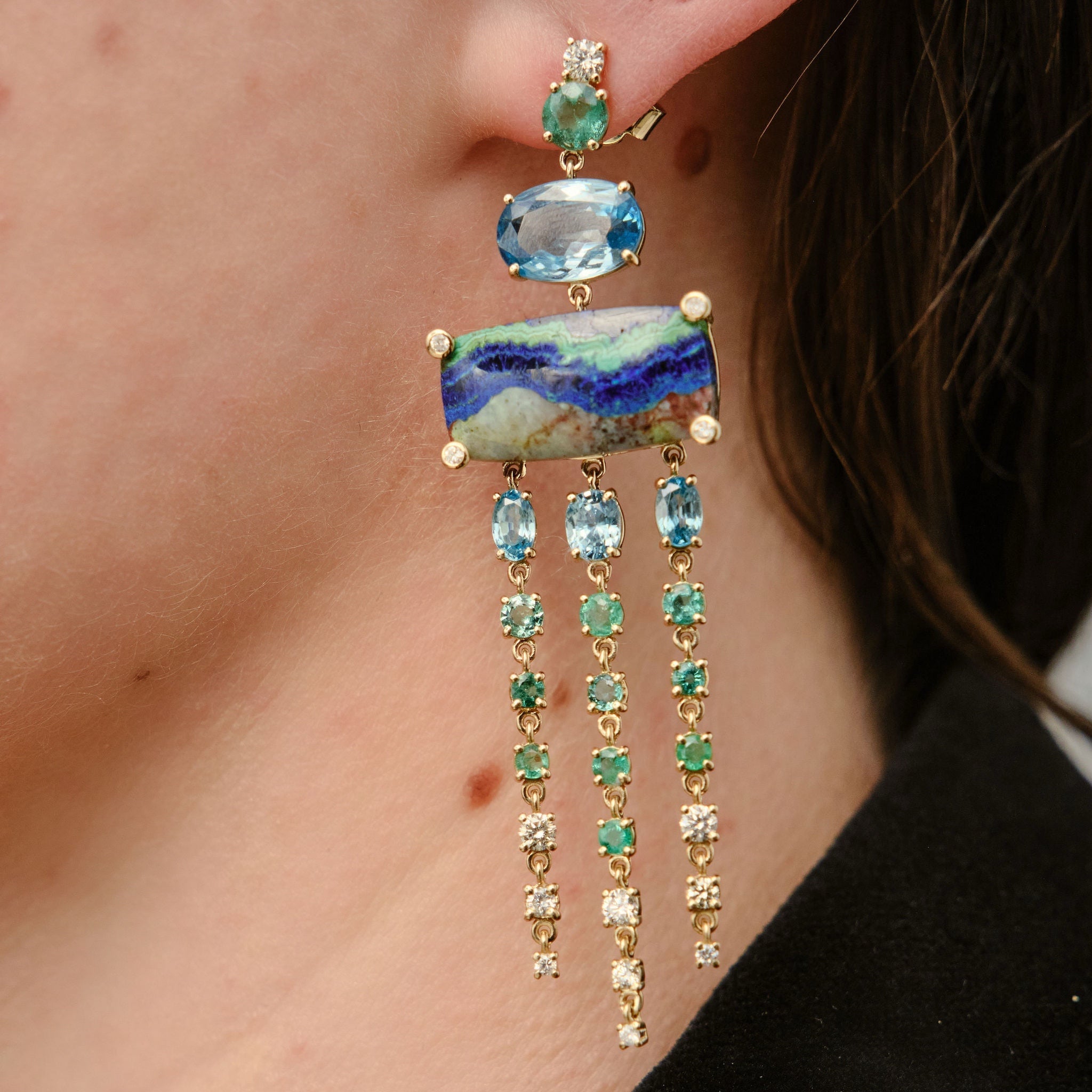 Malachite Azurite, Emerald, Zircon and Diamond Chandelier Earrings