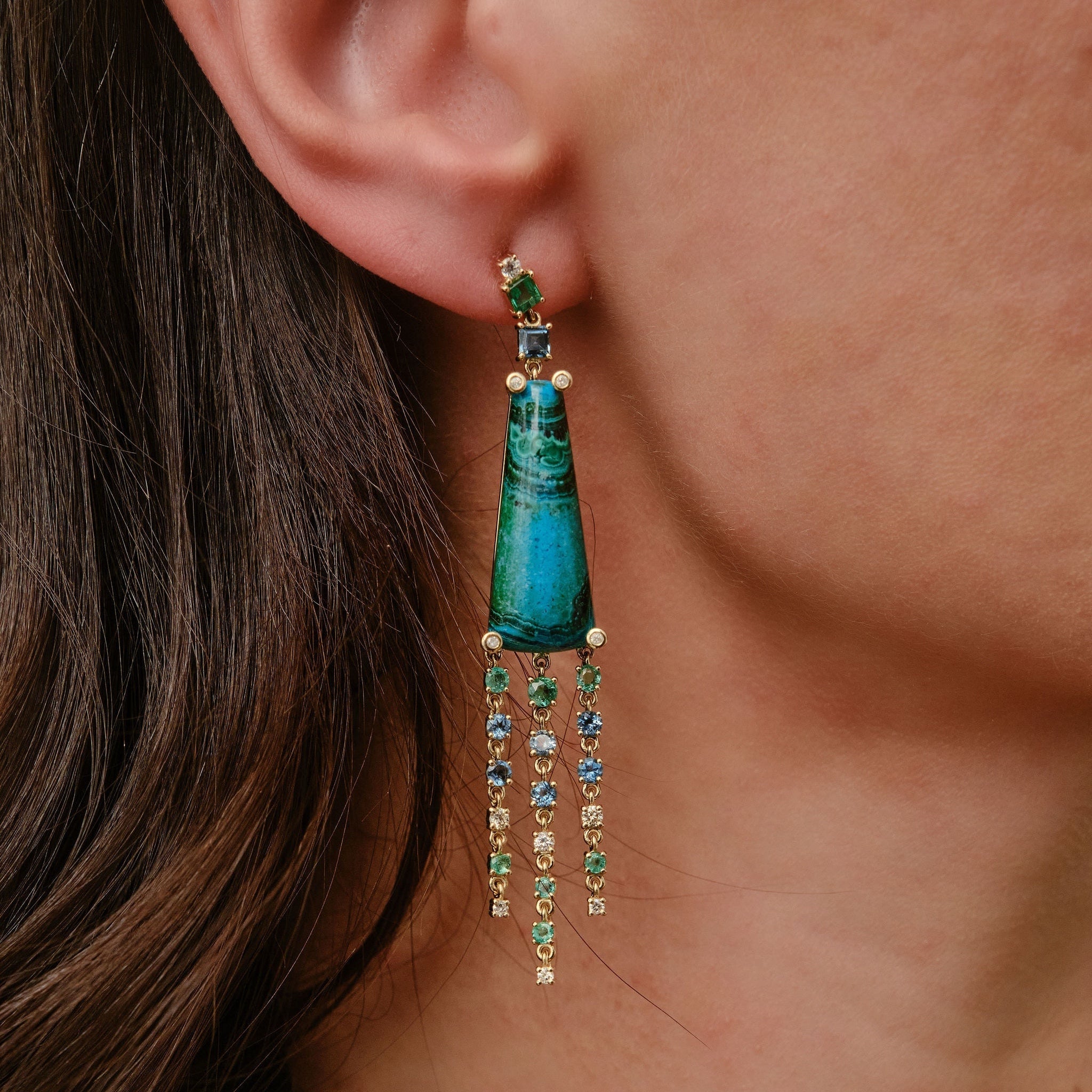 Malachite, London Blue Topaz, Emerald and Diamond Fringe Earrings