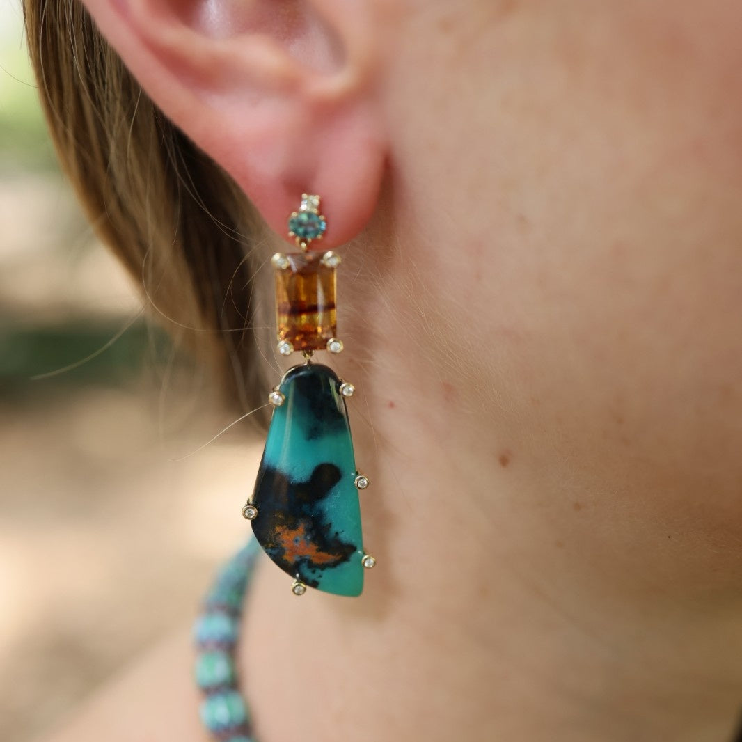 Sphalerite, Chrysocolla Cuprite, Zircon and Diamond Earrings